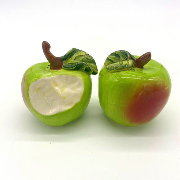 Green Apple Salt & Pepper Shakers Set Ceramic By Blue Sky Bite Teacher Gift - Picture 1 of 5